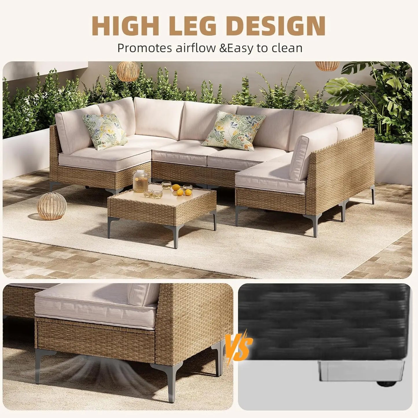 7-Piece Outdoor Wicker Sectional Set with Cushions