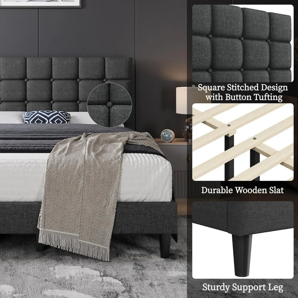 Modern Tufted Queen Platform Bed With Adjustable Headboard
