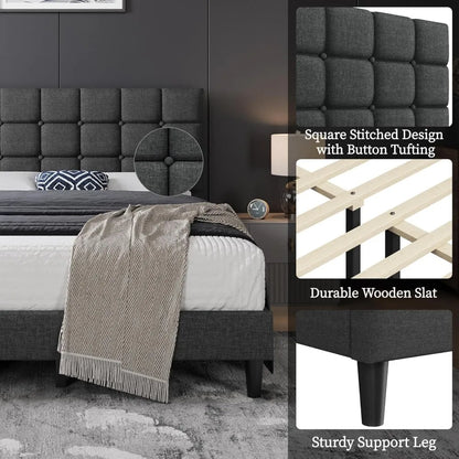 Modern Tufted Queen Platform Bed With Adjustable Headboard