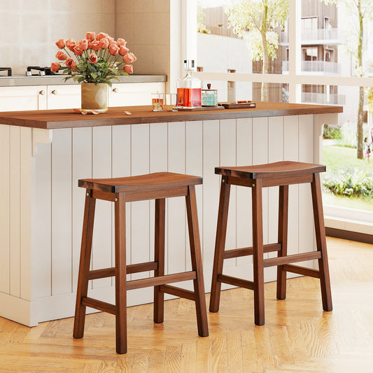 Set of 2 Saddle-Seat Counter Height Stools with Curved Seat and Footrests-Walnut