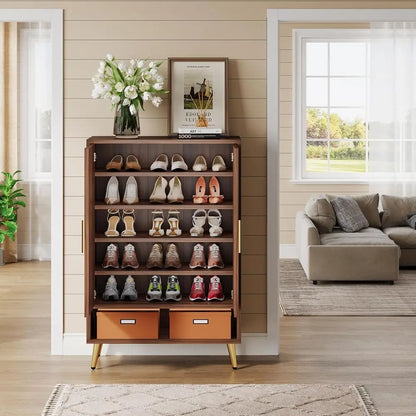 Shoe Storage Cabinet with Adjustable Shelves and Gold Legs