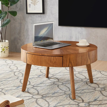 Round Wood Coffee Table with Hidden Drawer