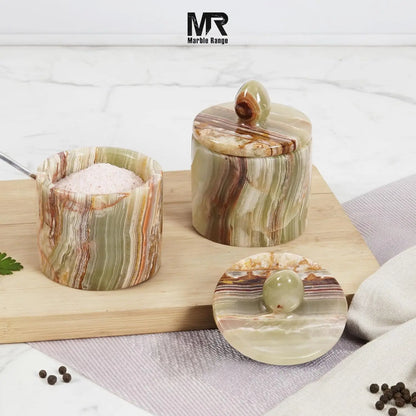 Green Onyx Marble Salt Cellar Set with Tray