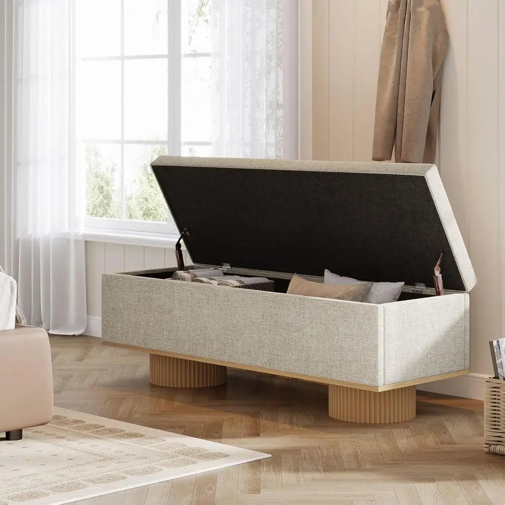 Modern Beige Storage Bench with Fluted Wood Legs