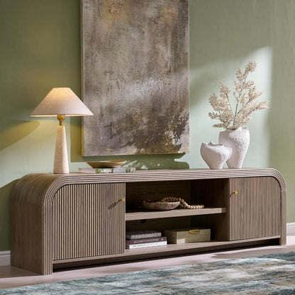 TV Stand with Gold Accents and Rounded Edge Design