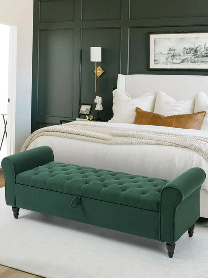 Corduroy Tufted Storage Bench with Rolled Arms