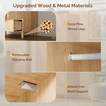 Fluted Wardrobe Armoire with Sculpted Front and Gold Hardware