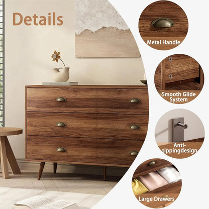 Walnut Brown 6-Drawer Classic Dresser