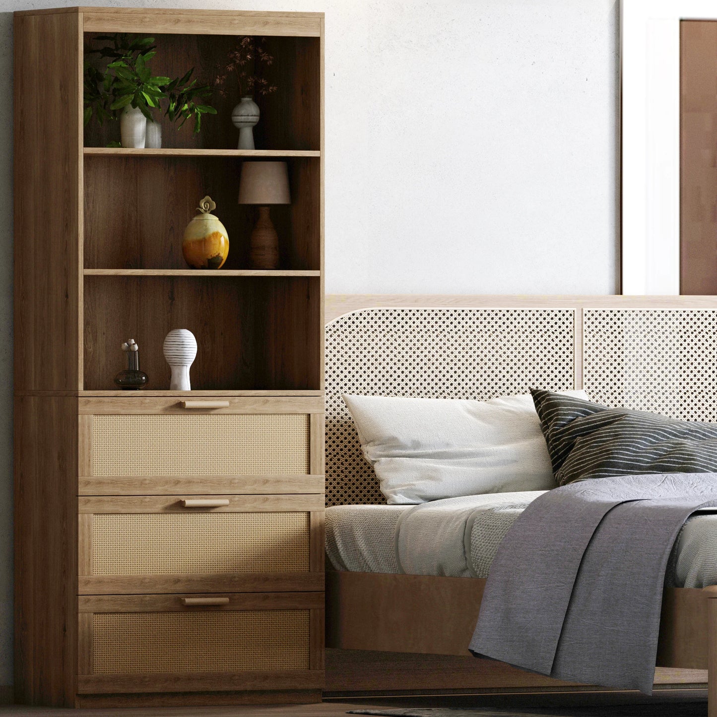 Rattan Detail Bookshelf with Drawers and Open Storage