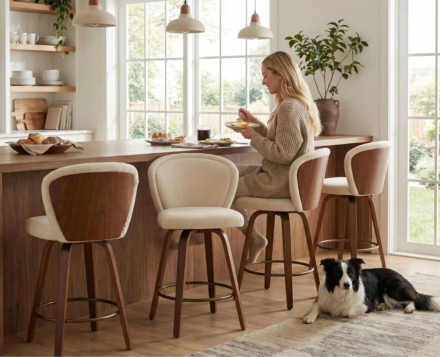 Swivel Counter Height Bar Stools with Wood Legs - Set of 4