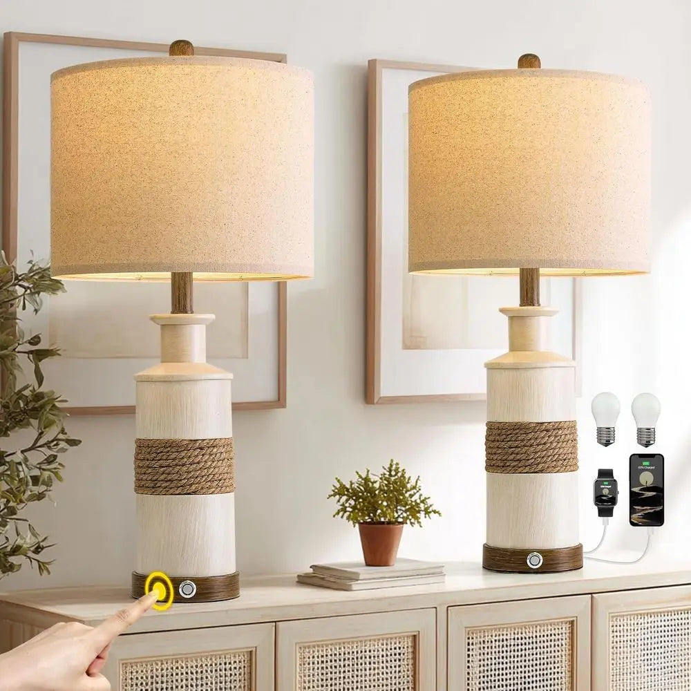 Distressed Rattan Table Lamp with USB Charging