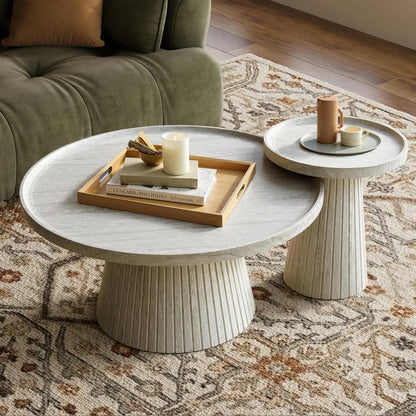Modern Oak Travertine Nesting Coffee Tables