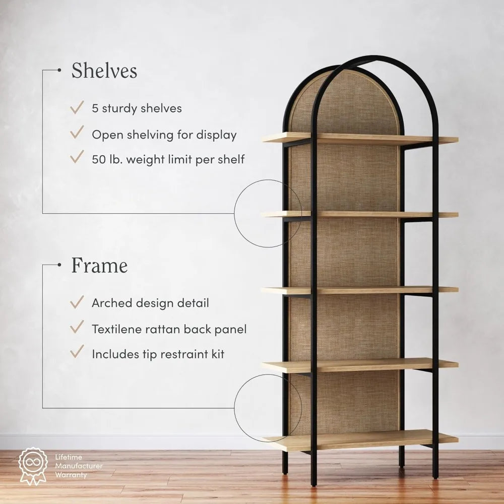 Nathan James Amara Arched Bookshelf With Rattan Detail