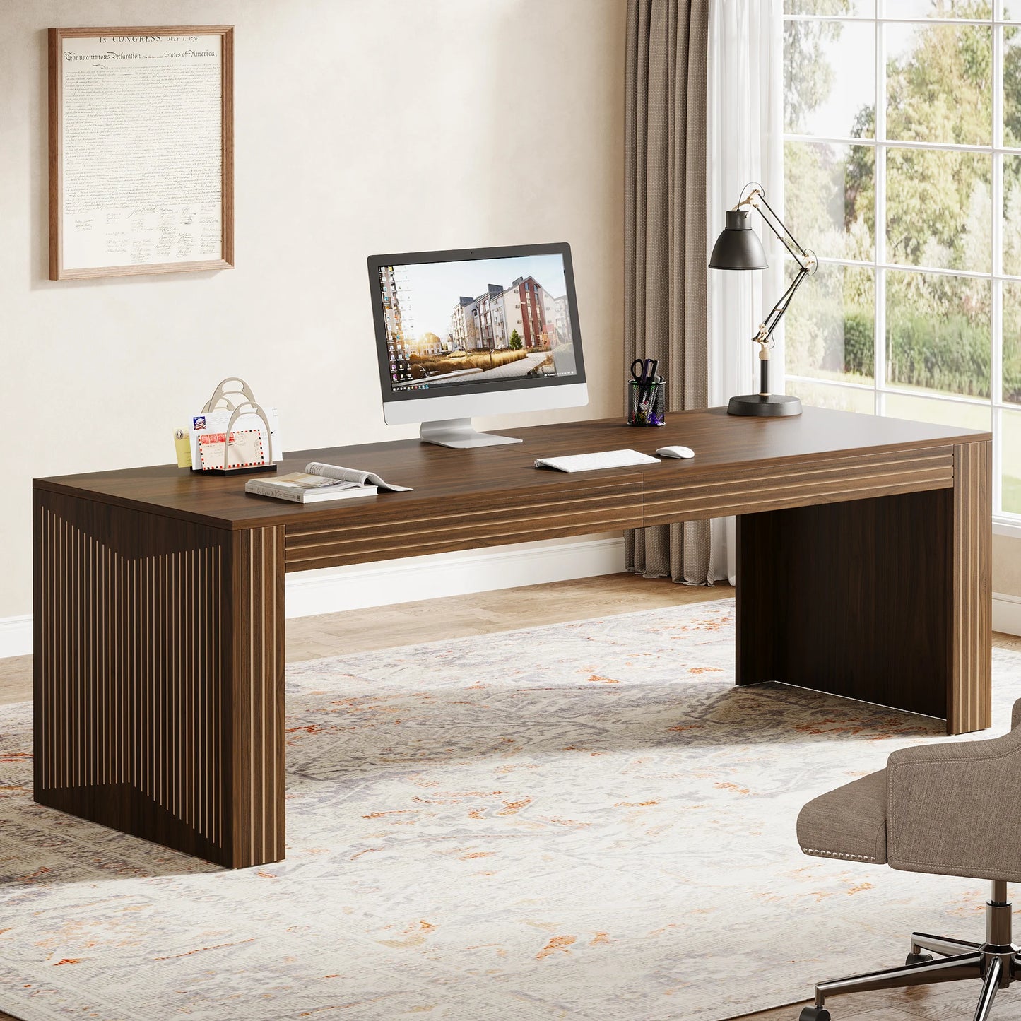 79 Inch Double Desk with Modern Wood Grain Design