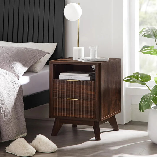 Dark Walnut Fluted Nightstand with Charging Station