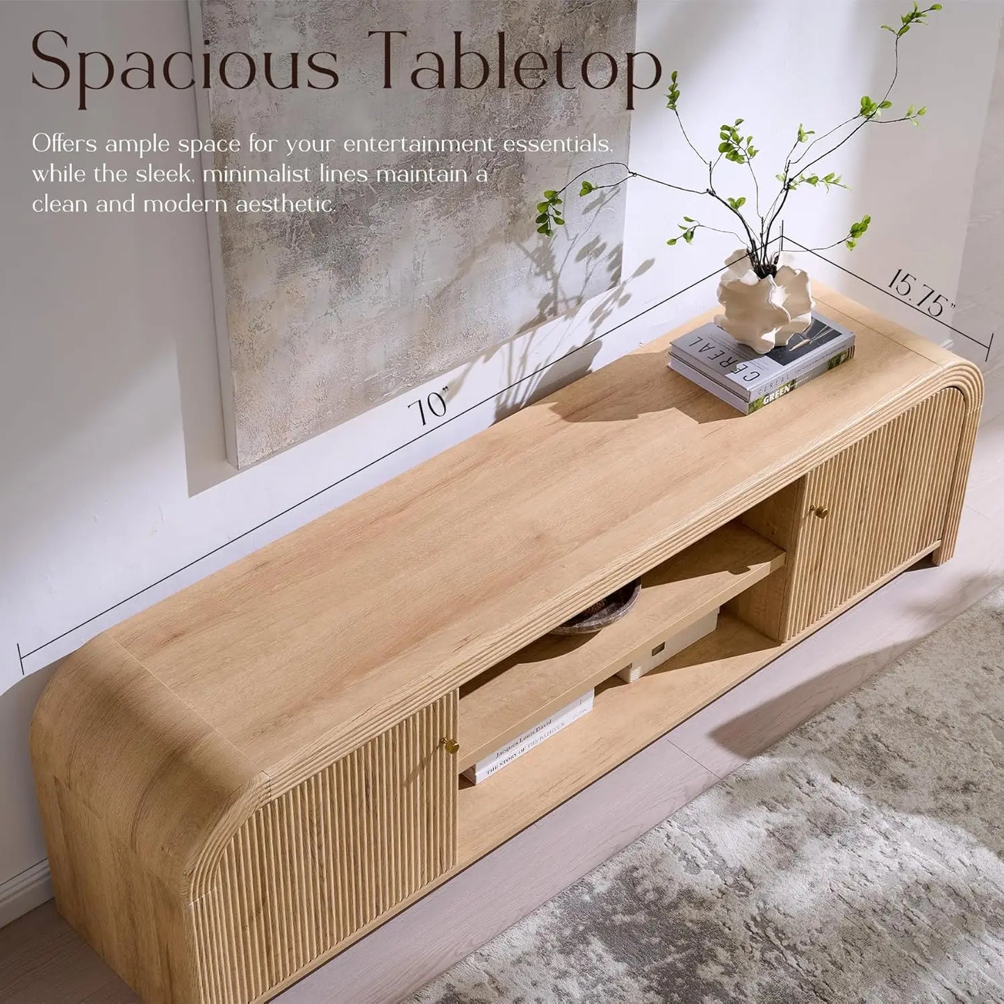 TV Stand with Gold Accents and Rounded Edge Design