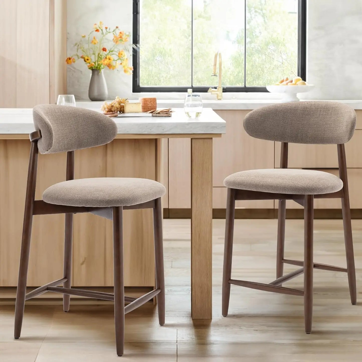 Mid-Century Upholstered Bar Stools With Wood Legs - Set of 2