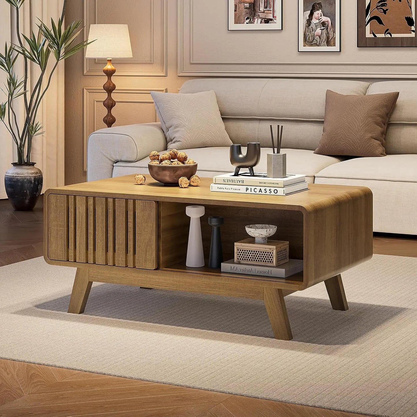 Mid-Century Coffee Table with Sliding Doors