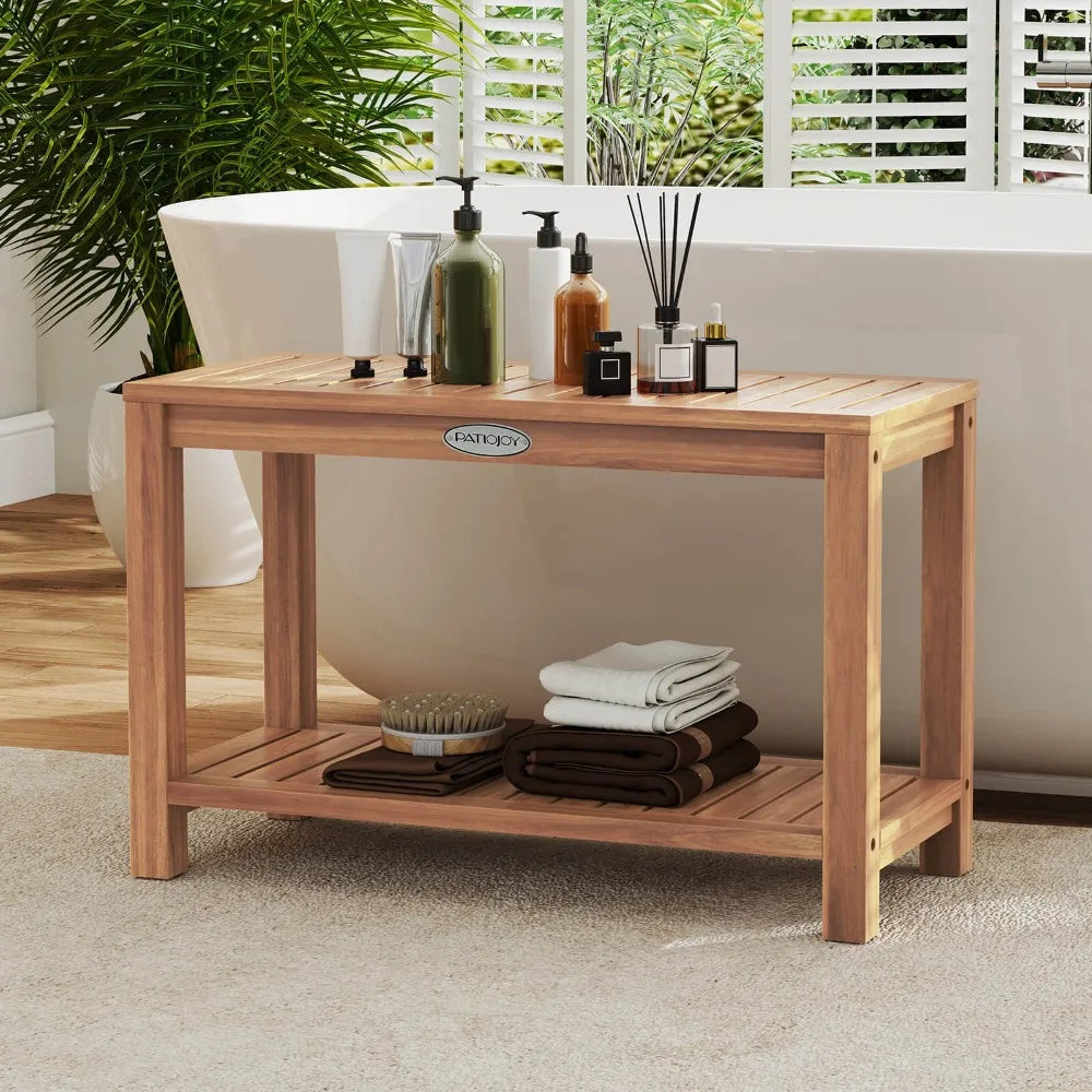 Teak Wood Shower Bench with 2-Tier Storage
