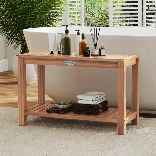 Natural Teak Shower Bench with Two-Tier Storage