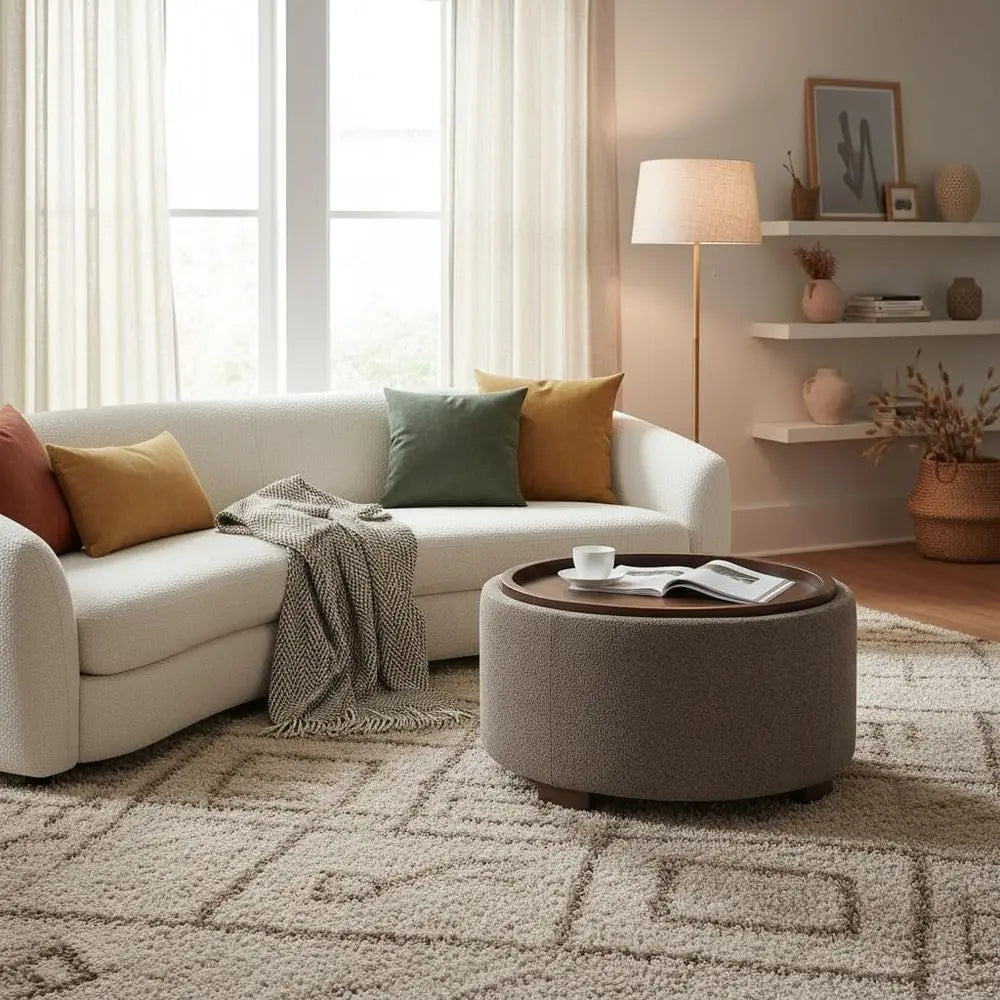Round Storage Ottoman with Boucle Upholstery Design