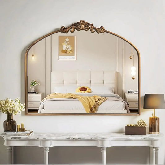 Arched Gold Wall Mirror with Ornate Baroque Frame
