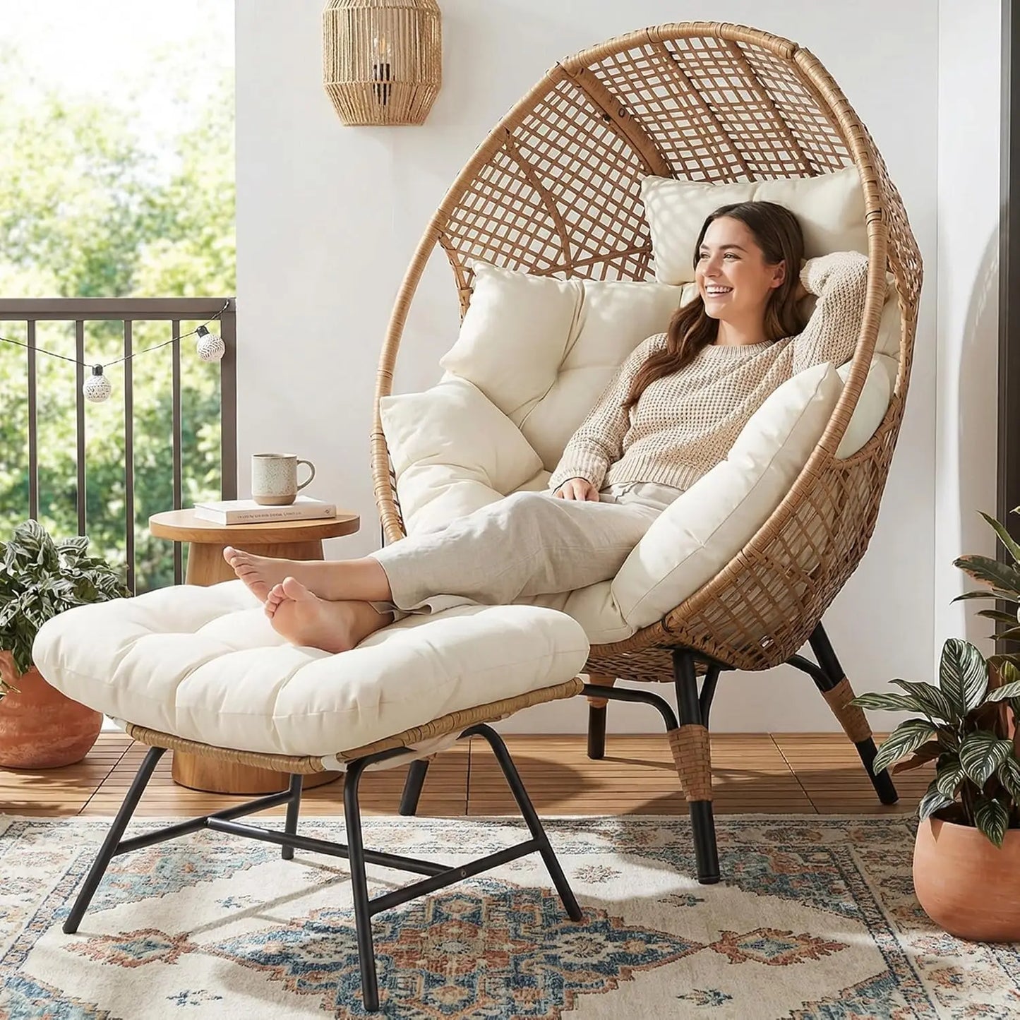Oversized Wicker Egg Chair with Ottoman