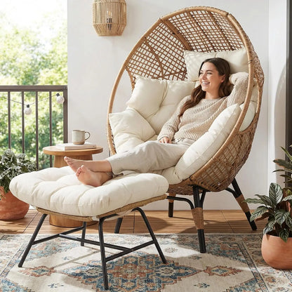 Oversized Wicker Egg Chair with Ottoman