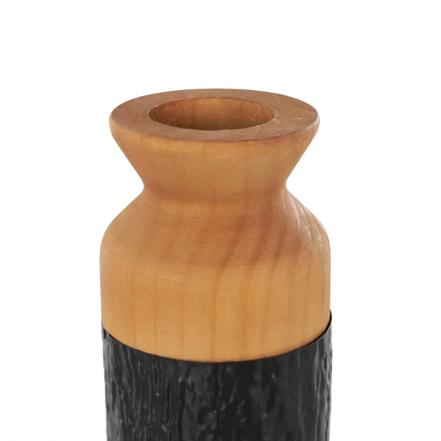 Abstract Black Metal Vases with Wood Tops, Set of Two