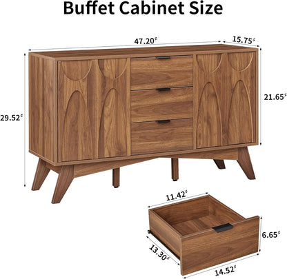 Mid-Century Buffet Cabinet with Drawers and Storage Doors