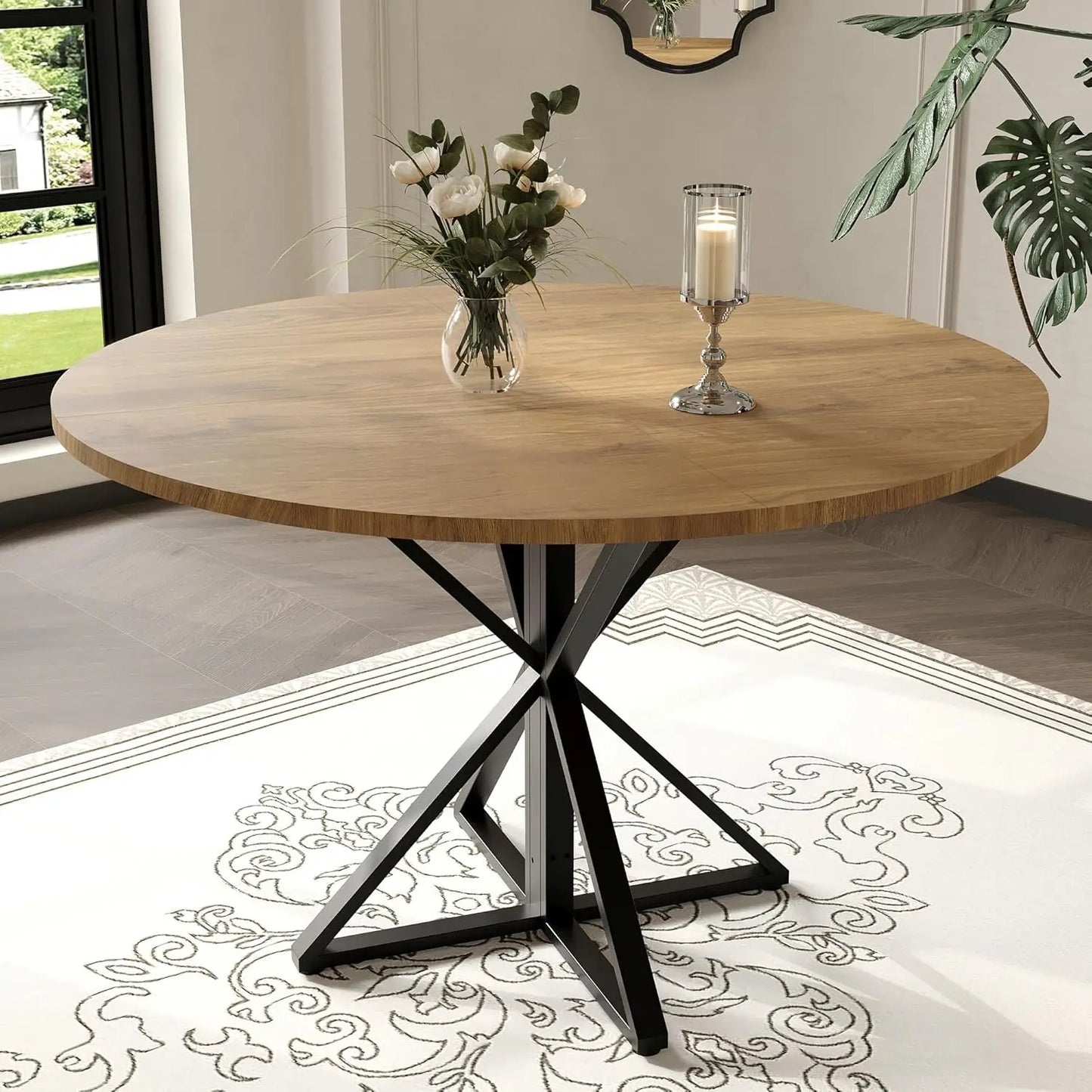 Modern Round Wood Dining Table With Steel Base