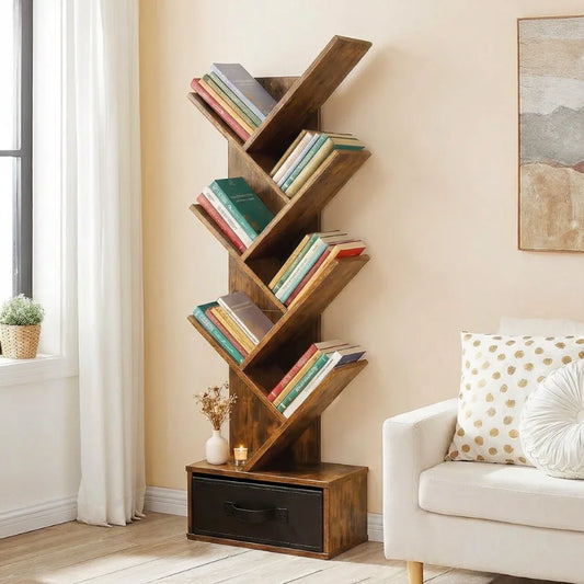 7-Tier Tree Bookshelf with Storage Drawer