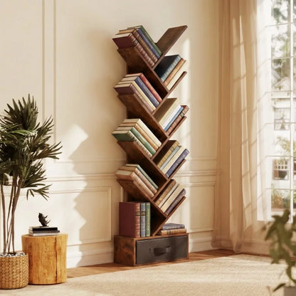 7-Tier Tree Bookshelf with Storage Drawer