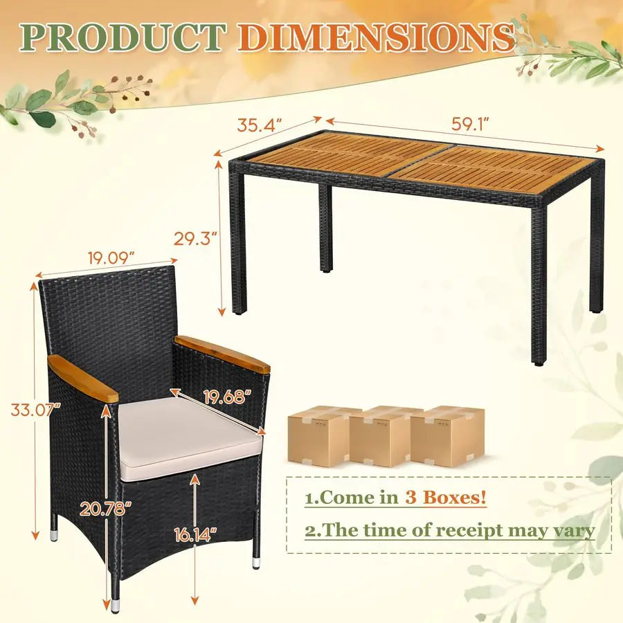 7 Piece Outdoor Dining Set with Cushioned Seating and Wood Table