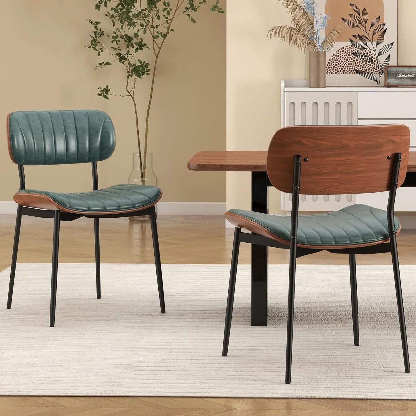 Mid-Century Dining Chairs with Bentwood Back and Metal Legs Set of 2