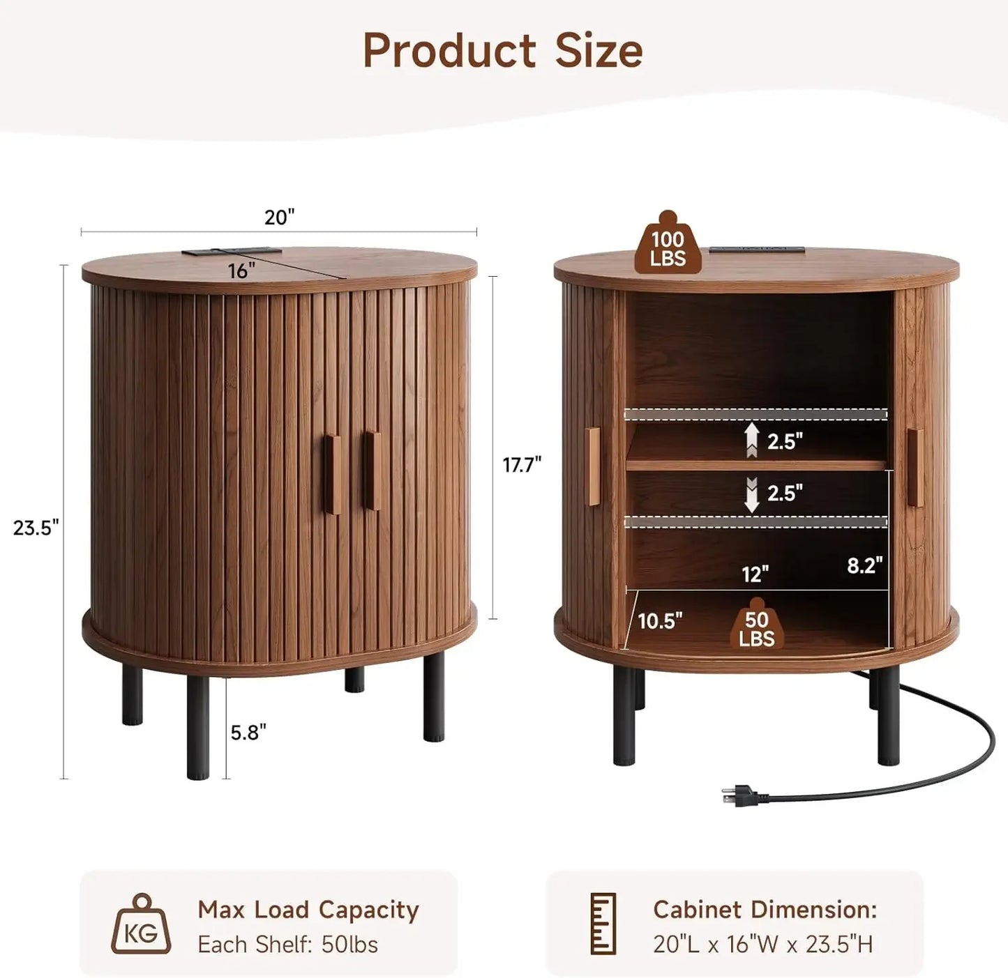 Mid-Century Side Table with Charging Station and Sliding Door