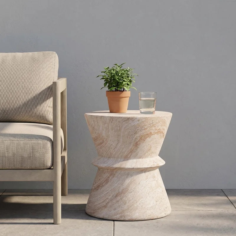 Lightweight Travertine Hourglass Indoor Outdoor Side Table