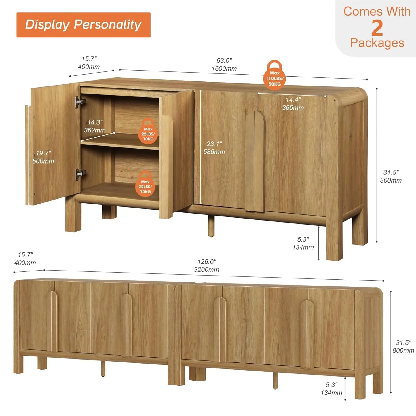 Large Buffet Cabinet with Arched Design and Adjustable Storage