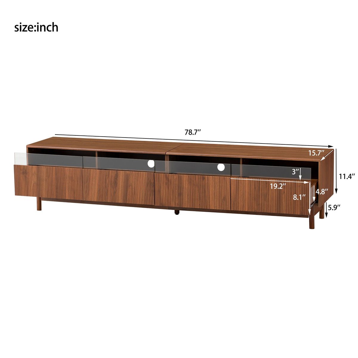TV Stand, Entertainment Center With Fluted Drawers For Living Room - Walnut